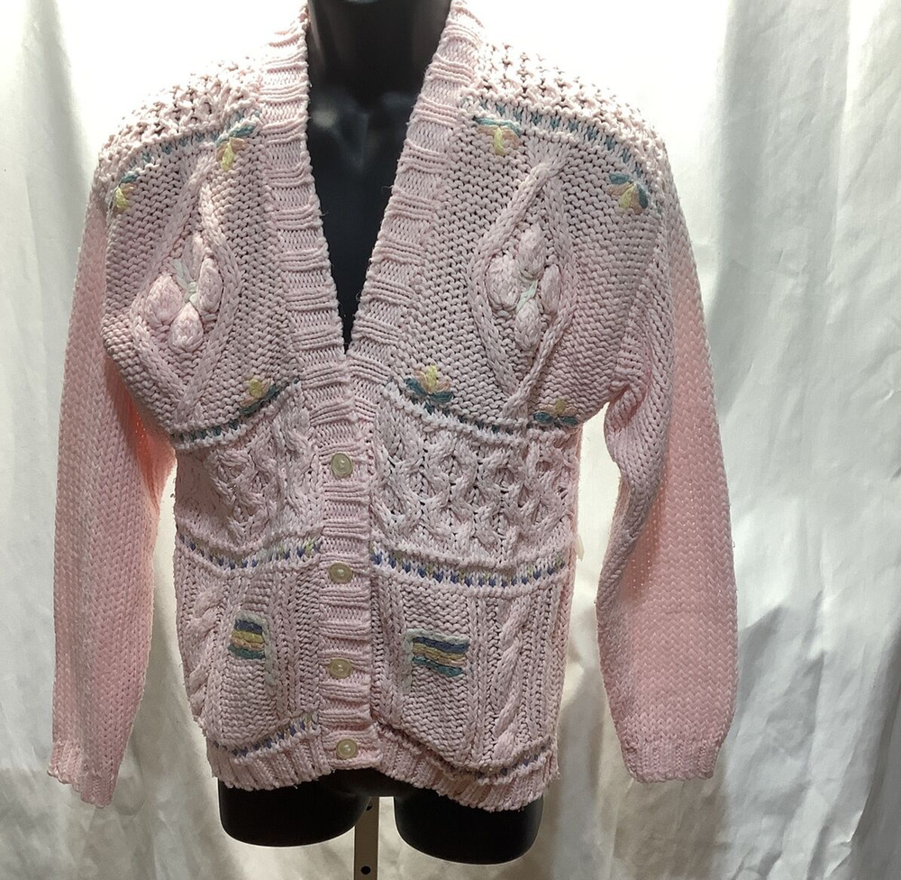 Vintage 80s Hand Knit Cardigan Sweater Womens M Pink Cable Knit Floral Korea